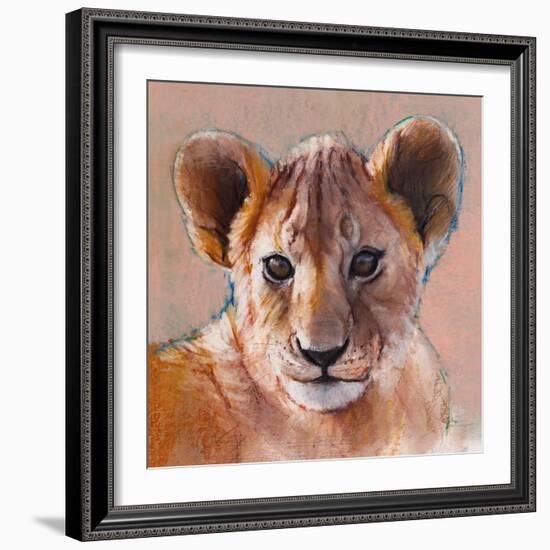 Youngest Cub, Masai Mara, 2019, (conté and pastel on paper)-Mark Adlington-Framed Giclee Print