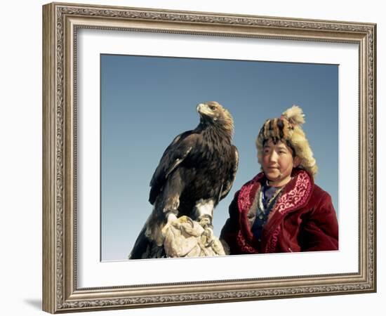 Youngest Eagle Hunter in the Festival, Talgat, Golden Eagle Festival, Mongolia-Amos Nachoum-Framed Photographic Print