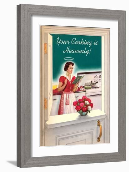 Your Cooking is Heavenly, Woman Reading Cookbook-null-Framed Art Print