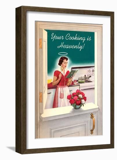 Your Cooking is Heavenly, Woman Reading Cookbook-null-Framed Art Print