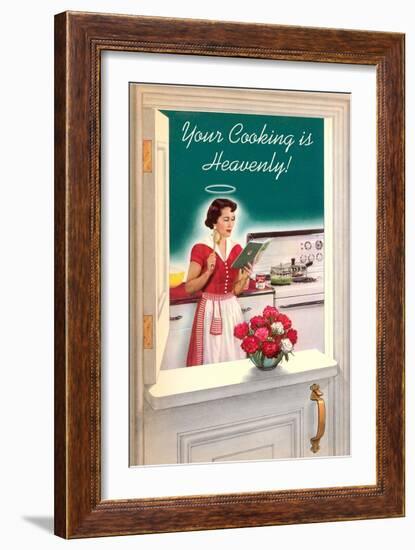 Your Cooking is Heavenly, Woman Reading Cookbook-null-Framed Art Print