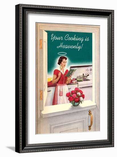 Your Cooking is Heavenly, Woman Reading Cookbook-null-Framed Art Print