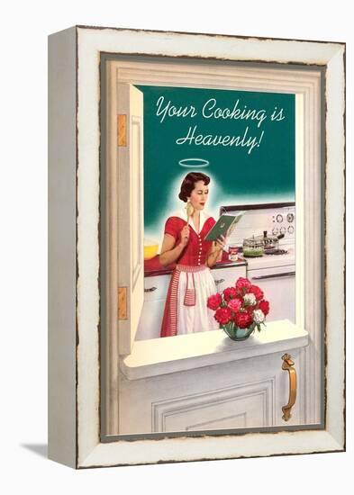 Your Cooking is Heavenly, Woman Reading Cookbook-null-Framed Stretched Canvas