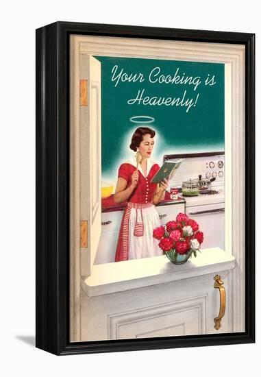 Your Cooking is Heavenly, Woman Reading Cookbook-null-Framed Stretched Canvas