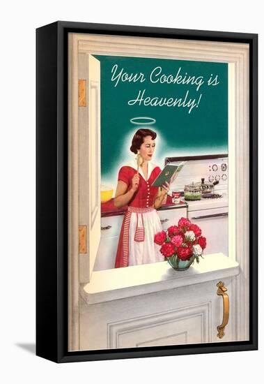 Your Cooking is Heavenly, Woman Reading Cookbook-null-Framed Stretched Canvas