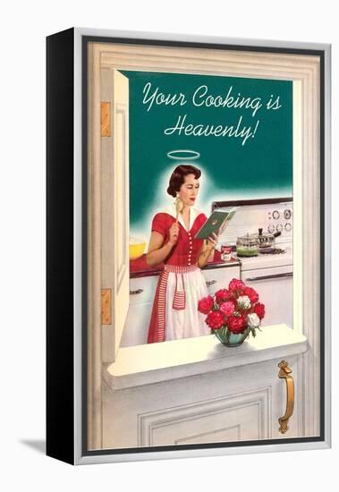 Your Cooking is Heavenly, Woman Reading Cookbook-null-Framed Stretched Canvas