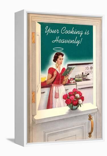 Your Cooking is Heavenly, Woman Reading Cookbook-null-Framed Stretched Canvas