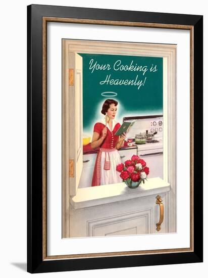 Your Cooking is Heavenly, Woman Reading Cookbook-null-Framed Premium Giclee Print