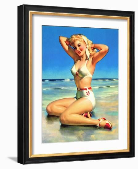 Yours for the Basking Bikini Pin-Up 1940s-Art Frahm-Framed Art Print