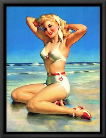  Yours For the Basking - Blonde Swimsuit Beauty on Beach -  Vintage Pin Up Girl Print by Art Frahm c.1940s - Fine Art Rolled Canvas  Print (Unframed) 27in x 40in: Posters