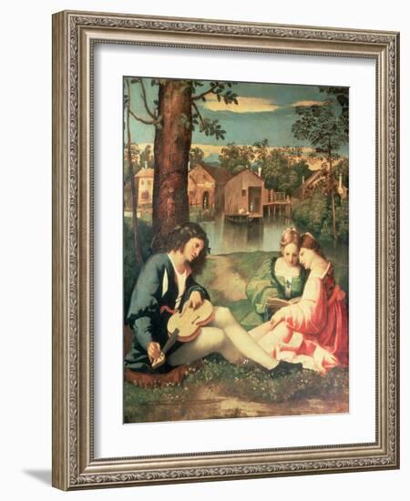 Youth with a Guitar and Two Girls Sitting on a River Bank-Giorgione-Framed Giclee Print