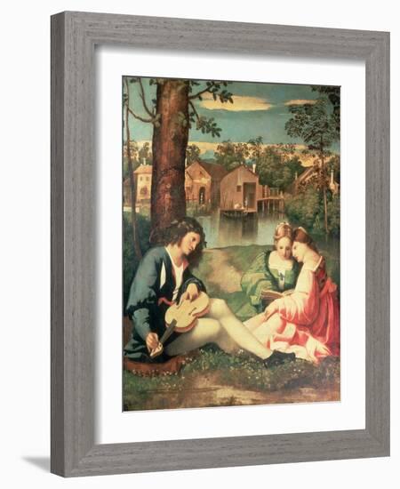 Youth with a Guitar and Two Girls Sitting on a River Bank-Giorgione-Framed Giclee Print