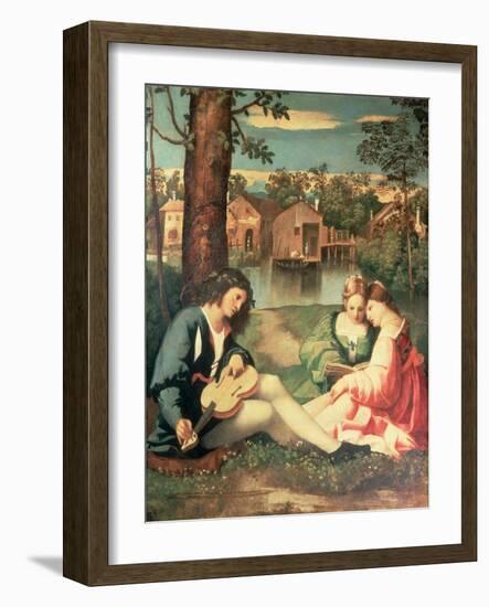 Youth with a Guitar and Two Girls Sitting on a River Bank-Giorgione-Framed Giclee Print