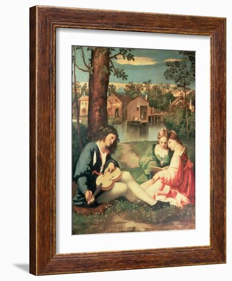 Youth with a Guitar and Two Girls Sitting on a River Bank-Giorgione-Framed Giclee Print