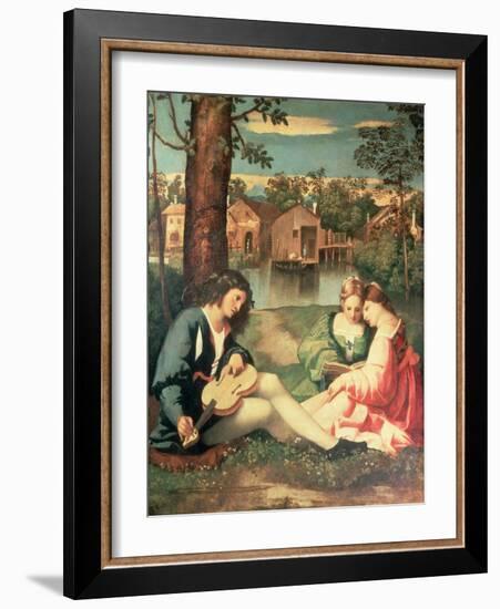 Youth with a Guitar and Two Girls Sitting on a River Bank-Giorgione-Framed Giclee Print