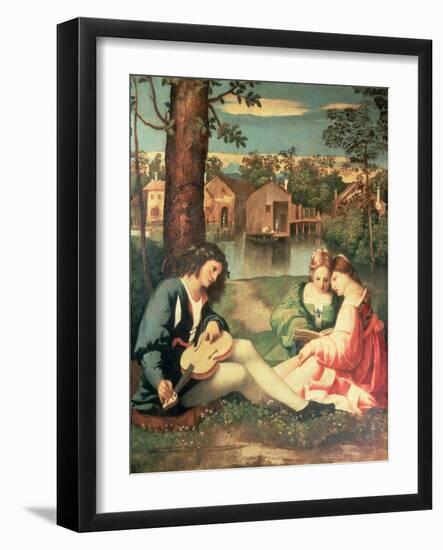 Youth with a Guitar and Two Girls Sitting on a River Bank-Giorgione-Framed Giclee Print