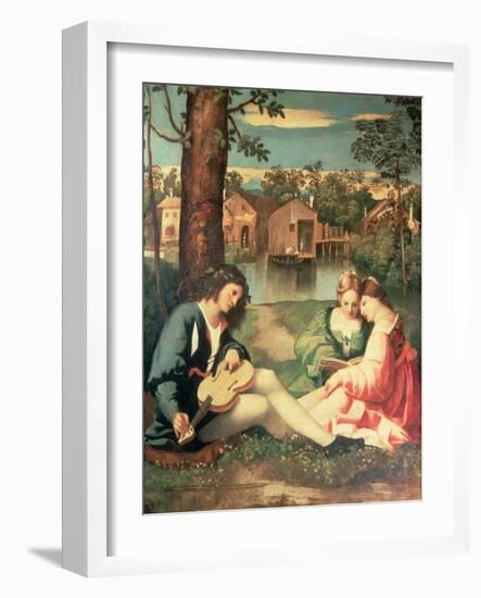 Youth with a Guitar and Two Girls Sitting on a River Bank-Giorgione-Framed Giclee Print