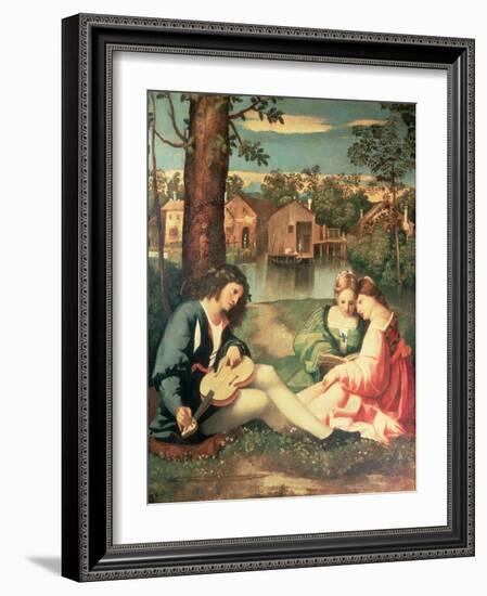 Youth with a Guitar and Two Girls Sitting on a River Bank-Giorgione-Framed Giclee Print