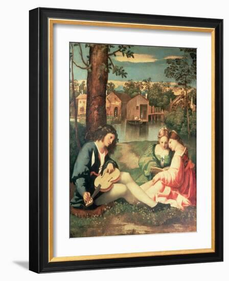 Youth with a Guitar and Two Girls Sitting on a River Bank-Giorgione-Framed Giclee Print