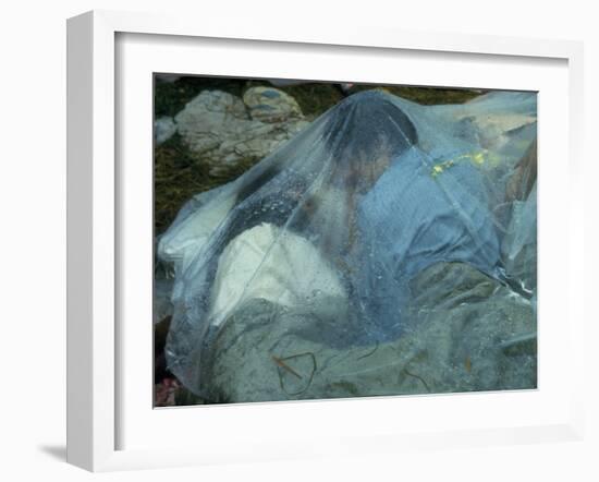 Youths Huddled under a Piece of Clear Plastic in the Rain, Woodstock Music and Art Fair-John Dominis-Framed Photographic Print