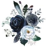 Watercolor Floral Wreath Roses Peonies Leaves Boho Grey Navy White Indigo Blue Isolated on White Ba-Yuliya Podlinnova-Stretched Canvas