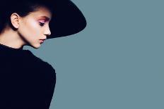 Portrait of Beautiful Girl in Hat in Profile, Posing in Studio, Black and White Photography-Yuliya Yafimik-Photographic Print