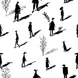 Seamless Pattern of Trees and People Silhouettes with Shadows Hand-Drawn Ink. Art Retro Background-Yurta-Art Print