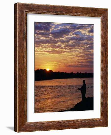 Zambezi National Park, Sausage Tree Camp, Fly-Fishing for Tiger Fish at Sunset on River, Zambia-John Warburton-lee-Framed Photographic Print