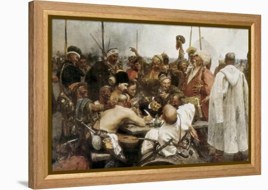 Zaporozhian Cossacks Reply to Sultan Mehmed IV-Ilya Yefimovich Repin-Framed Stretched Canvas