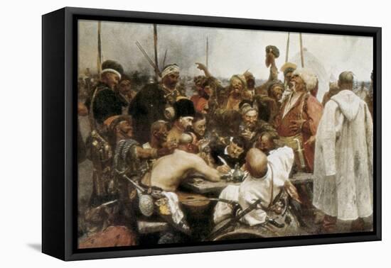 Zaporozhian Cossacks Reply to Sultan Mehmed IV-Ilya Yefimovich Repin-Framed Stretched Canvas