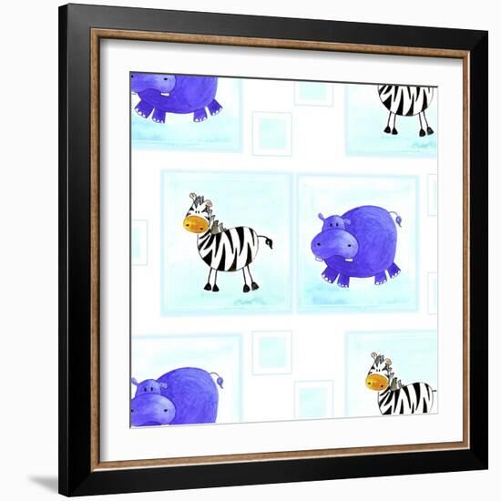 Zebra and Hippos Pattern-null-Framed Giclee Print