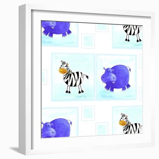 Zebra and Hippos Pattern-null-Framed Giclee Print