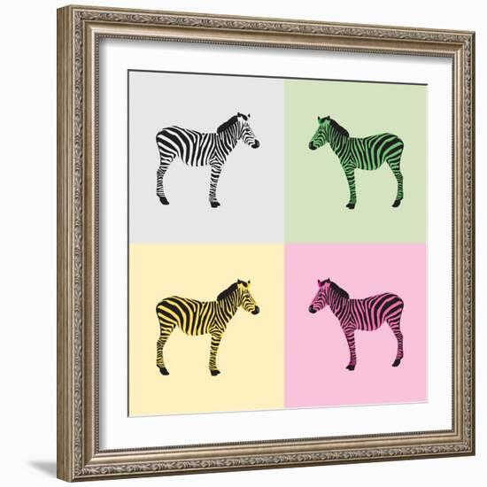 Zebra in Black, White, Green, Yellow and Pink Color - Vector-Elizabeta Lexa-Framed Art Print
