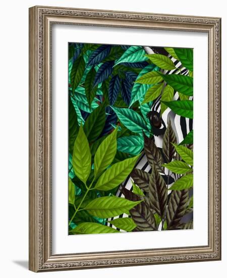 Zebra in Green Leaves-Fab Funky-Framed Art Print