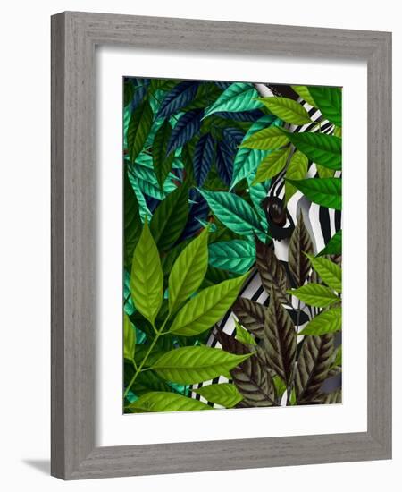 Zebra in Green Leaves-Fab Funky-Framed Art Print