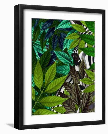 Zebra in Green Leaves-Fab Funky-Framed Art Print