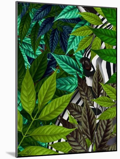 Zebra in Green Leaves-Fab Funky-Mounted Art Print