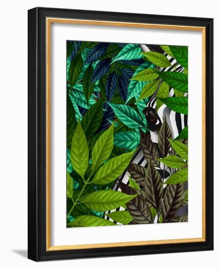 Zebra in Green Leaves-Fab Funky-Framed Art Print