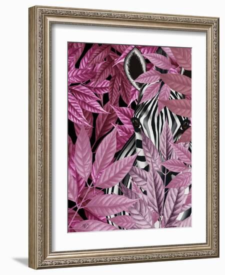 Zebra in Pink Leaves-Fab Funky-Framed Art Print