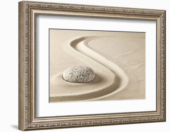 Zen Meditation Stone in Sand. Concept for Purity Harmony and Spirituality. Spa Wellness and Yoga Ba-kikkerdirk-Framed Photographic Print