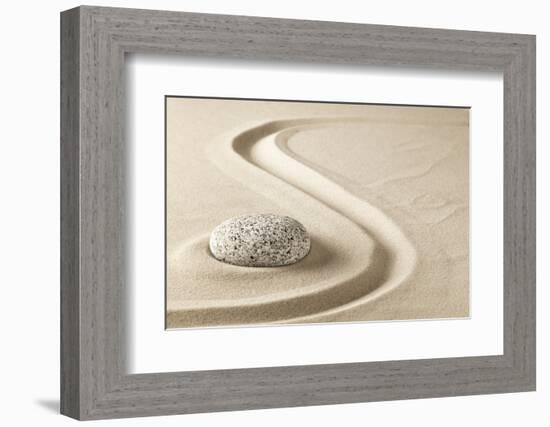 Zen Meditation Stone in Sand. Concept for Purity Harmony and Spirituality. Spa Wellness and Yoga Ba-kikkerdirk-Framed Photographic Print