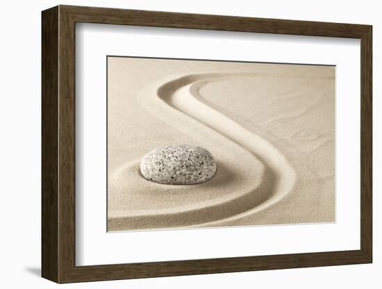 Zen Meditation Stone in Sand. Concept for Purity Harmony and Spirituality. Spa Wellness and Yoga Ba-kikkerdirk-Framed Photographic Print