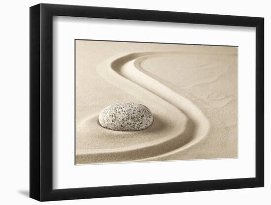 Zen Meditation Stone in Sand. Concept for Purity Harmony and Spirituality. Spa Wellness and Yoga Ba-kikkerdirk-Framed Photographic Print