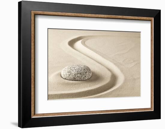 Zen Meditation Stone in Sand. Concept for Purity Harmony and Spirituality. Spa Wellness and Yoga Ba-kikkerdirk-Framed Photographic Print