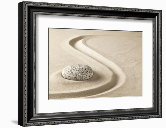 Zen Meditation Stone in Sand. Concept for Purity Harmony and Spirituality. Spa Wellness and Yoga Ba-kikkerdirk-Framed Photographic Print