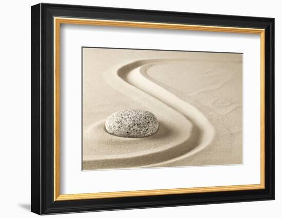 Zen Meditation Stone in Sand. Concept for Purity Harmony and Spirituality. Spa Wellness and Yoga Ba-kikkerdirk-Framed Photographic Print