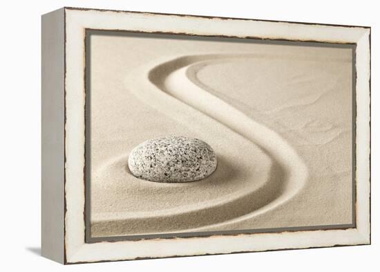 Zen Meditation Stone in Sand. Concept for Purity Harmony and Spirituality. Spa Wellness and Yoga Ba-kikkerdirk-Framed Premier Image Canvas