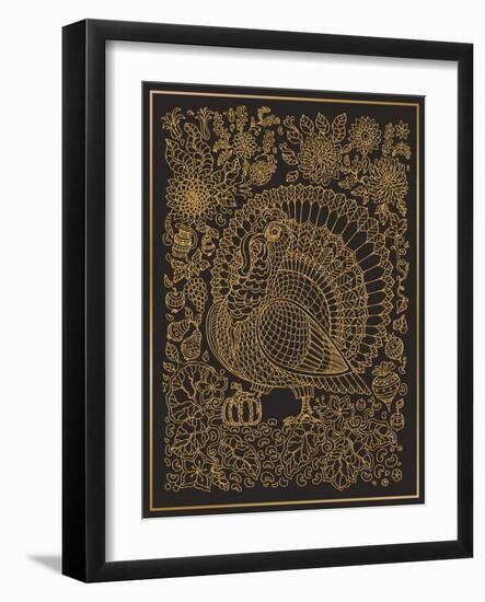 Zen Tangle Ornate Bird, Fantastic Pumpkin Flower. Golden Contour Thin Line Ornaments on a Black Bac-L Kramer-Framed Art Print