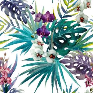 Watercolor Orchid and Hibiscus Leaves - Tropics by Zenina