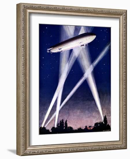 Zeppelin Airship Caught in Searchlights During a Bombing Raid over England, 1916-null-Framed Giclee Print